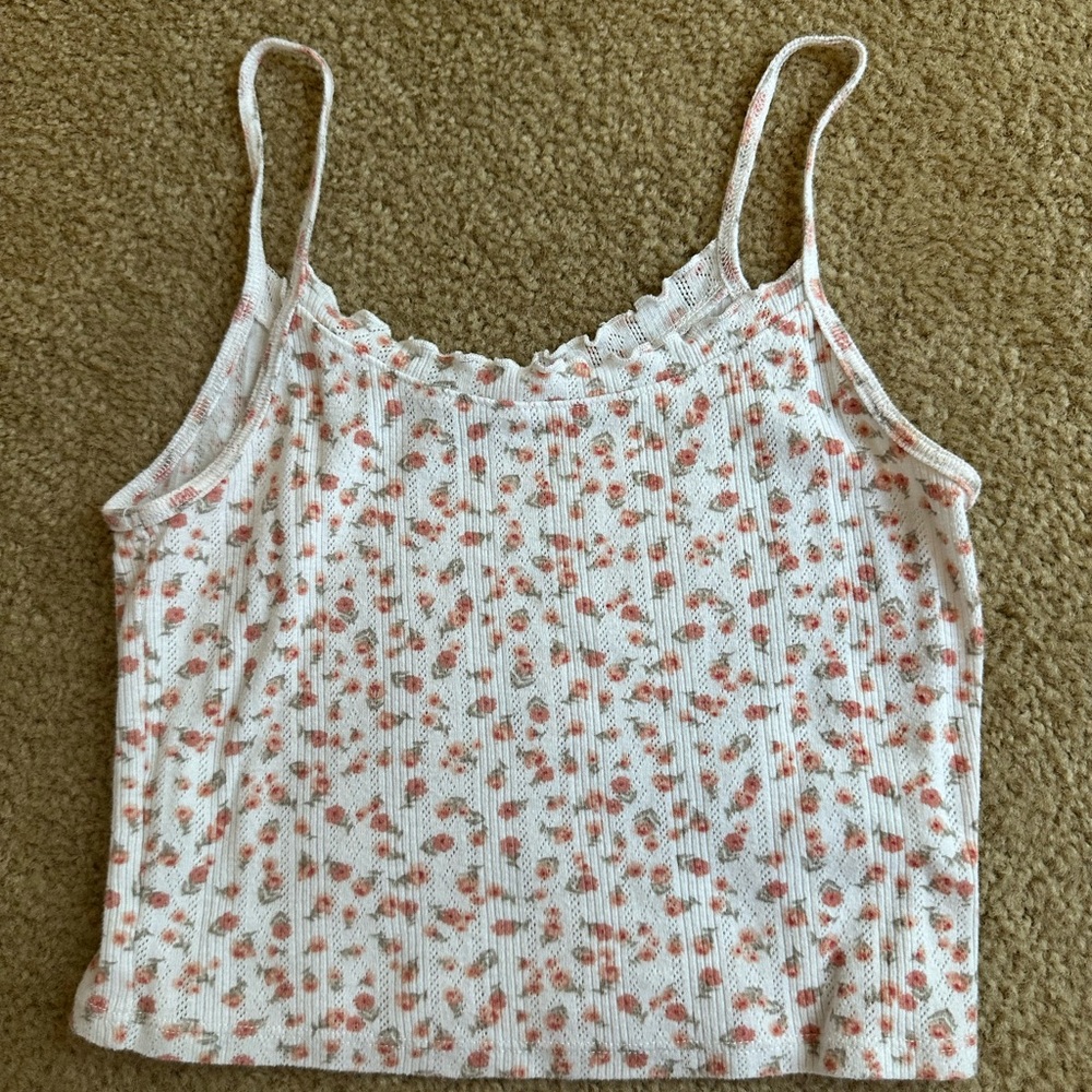 Floral Ribbed Cami Tank Top - White with Pink Roses